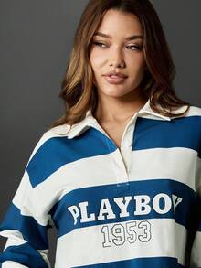 Missguided x Playboy Vintage Inspired Oversized Rugby Polo Crop Top With Striped Pattern Retro 1953 Print Collegiate Style Collared Long Sleeve Casual Fall Winter Top - Blue and White - View 6