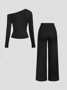 Sweetra Metal Buckle Sexy Asymmetrical Shoulder Long Sleeve T-Shirt + Wide Leg Pants Casual Suit - Black - View 2