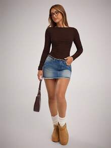 SHEIN Forever 21 Áo thun nữ cổ thuyền tay dài họa tiết sọc raglan - màu nâu - Xem 3