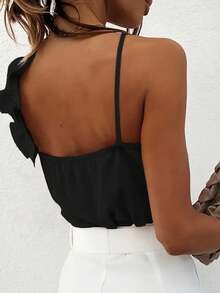 INAWLY 女士實色簡約日常穿搭小背心，有荷葉邊設計 - 黑色 - 查看 2