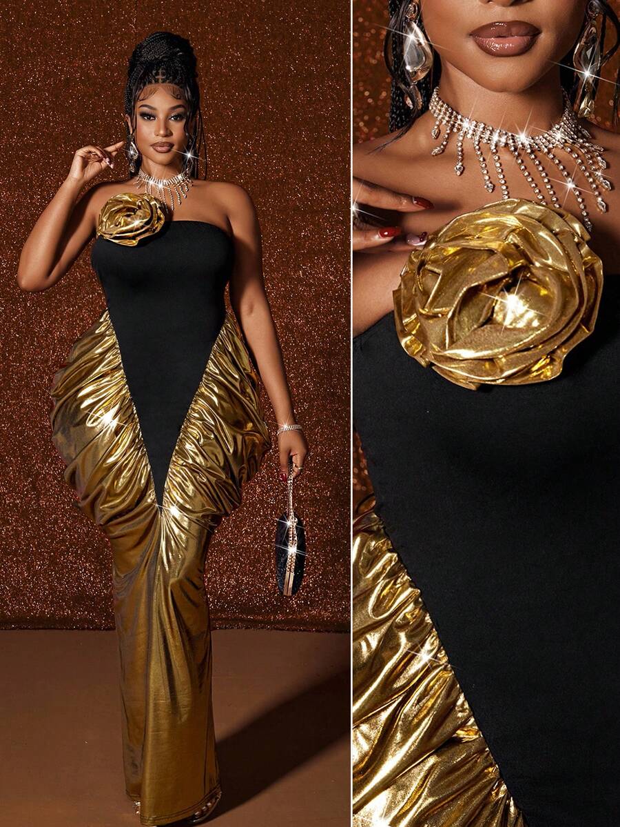 Maweii 大码女式金属面料拼色设计派对/生日连衣裙 - 彩色 - 查看 1