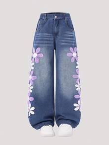 Tween Girls Cute Blue Flower Embroidery Wide-Leg Loose Denim Pants,Washed Light Blue Jeans For School,Back-To-School,Autumn,Vintage Academic Style - Blue - View 8