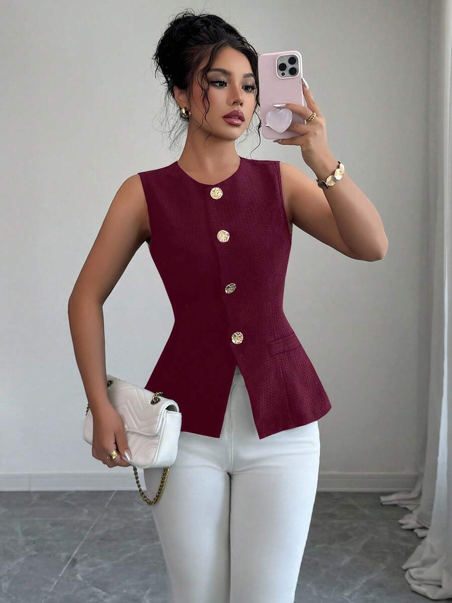 Selianne Fashionable Sleeveless Waist Cinched Black Jacket With Gold Button Decor, Versatile For Daily Wear, Spring/Summer - Burgundy - View 1