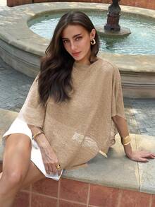 Aloruh 新款时尚杏色多功能针织提花镂空连体露背披肩领多穿度假风轻薄罩衫