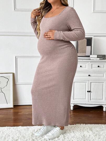 Plussiva Gaun Hamil Warna Pink Musim Gugur Kasual Leher Persegi Lengan Panjang Bergaris Pas Badan, Gaun Hamil Ukuran Plus untuk Pemotretan, Gaun Hamil Warna Polos