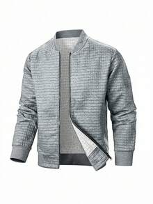 SHEIN Tween Boy 休闲百搭纹理格子棒球夹克，适合通勤、上学、日常休闲装、运动、秋冬 - 灰色 - 查看 6