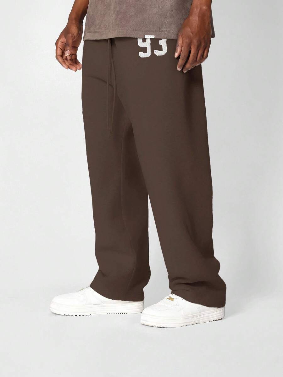 Pantalones de chándal de tiro caído y pierna ancha SUMWON, de felpa cálida de invierno, pantalones de estar por casa casuales con cordón y estampado de números lisos - Marrón Chocolate - Ver 1