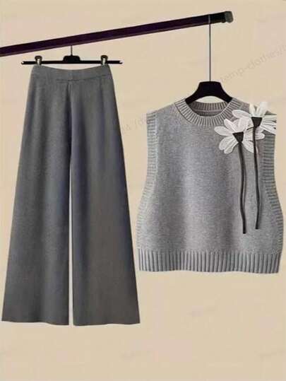 GlowEve Women's Autumn 3D Floral Decor Knitted Vest And Wide Leg Pants Casual 2 Pieces Set