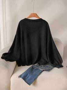 CosyJoli 大码休闲黄色宽松基本款开衫黑色开衫女式灯笼袖开衫大码黑色开衫女式黑色针织开衫黑色纽扣开衫秋冬女装 - 黑色 - 查看 2