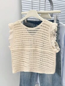 SHEIN Frenchy 女士亮片饰边镂空荷叶袖单排扣针织上衣，钩针编织上衣，秋季背心，度假风上衣，钩针背心，蕾丝刺绣荷叶边，钩针纹理针织上衣，V领吊坠装饰针织上衣，秋季女装，冬季女装，四季皆宜，冬季女装，休闲办公女装，法式风格，商务休闲女装，优雅，通勤，简约，办公室，复古，简约，日常穿着，夏季毛衣背心 - 杏色 - 查看 2