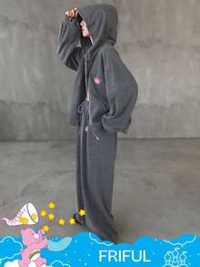 SHEIN X Care Bears FRIFUL 女士秋季水钻印花落肩宽松保暖连帽拉链衫和阔腿裤两件套家居服套装