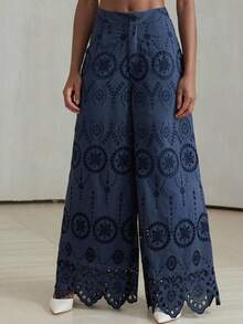 Aveloria Modichic Pantalon blanc ample à taille haute et brodé pour femmes, été - Bleu marine - Voir 6