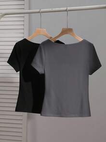 SHEIN EZwear 2 件女式方领短袖休闲修身性感 T 恤，黑色和深灰色，适合夏季 - 彩色 - 查看 2