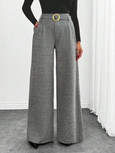 Calça Feminina De Cintura Alta Com Cinto – Calça De Tweed Cinza De Perna Larga, Pregas Duplas, Comprimento Total, Elegante Com Cinto Para Escritório Ou Casual
