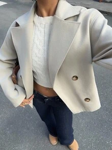 Sunnyshic Apricot Double-Sided Notched Collar, Double-Breasted Button, Pocket Long Sleeve Short Coat, Fashionable For Commuting, Office, Casual, Elegant Retro Style, Suitable For Autumn/Winter