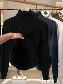 Linhara Plus Size Solid Color Turtleneck Fleece Sweater, Winter Knit Pullover Fall - Black - View 2