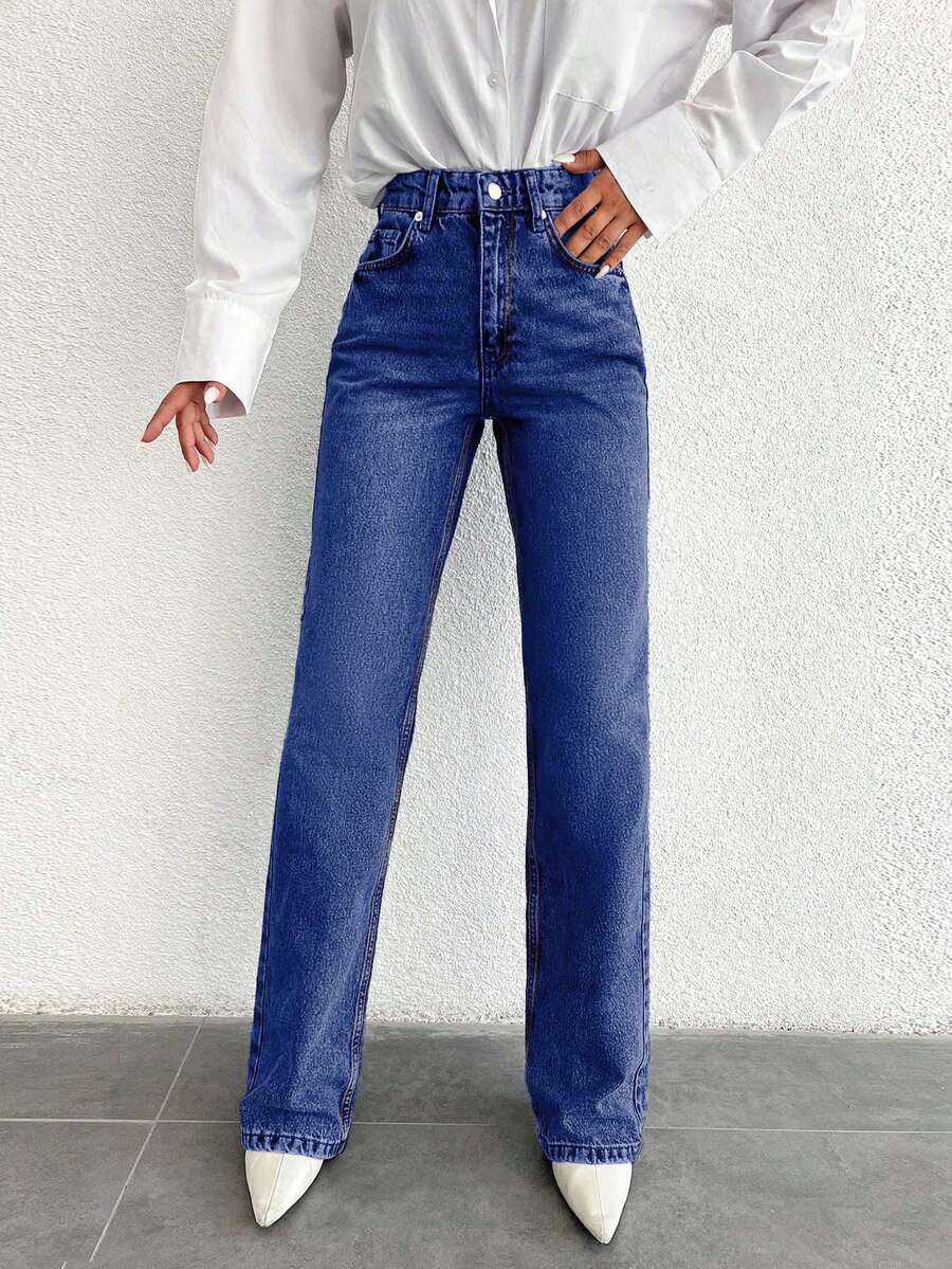 SHEIN Tall 高腰休闲直筒牛仔裤 - 深色水洗藍 - 查看 1