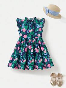 Joliand Joliand 1pc Young Girl Urban Elegant Green Leaf & Pink Floral Print Ruffle Hem Loose Sleeveless Dress,Navy Blue,Summer,Beach,Holiday For Casual,Party,Wedding - Multicolor - View 2