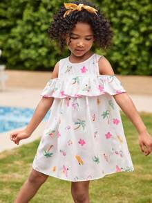 Joliand Joliand 1 pièce Robe élégante, urbaine et mignonne avec volant pour jeune fille, imprimé de palmiers et de fleurs, convient pour les réunions, les sorties, la plage, les fêtes, l'été - Multicolore - Voir 3