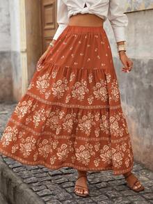 Brillora Chân váy xếp ly họa tiết hoa dành cho nữ, thích hợp cho kỳ nghỉ mùa thu - Rỉ Nâu - Xem 2