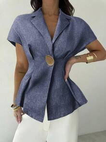 Firerie Camisa de mujer de lino con pliegues en la cintura, manga corta, con botón de metal, azul marino, para uso casual u oficina - Azul y blanco - Ver 3