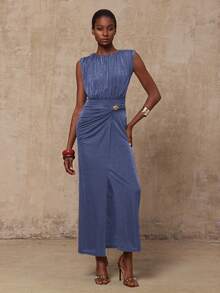 Lumalex VITNOS 秋冬新款高端优雅咖色针织无袖褶皱修身收腰金属扣装饰不对称连衣裙，女秋装，适合演唱会、约会、婚礼、派对、生日 - 霧霾藍 - 查看 4