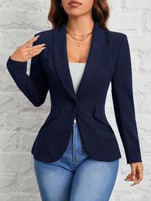 SHEIN PETITE Autumn And Winter Wear Suitable For Commuting. Green Fruit Collar Single-Button Black Suit Jacket,Cozy Fall And Winter Clothes For Women - Navy Blue - View 7