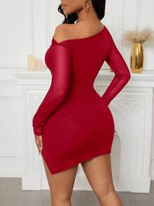 Zolique 女式纯色圆领网眼荷叶边下摆开衩迷你连衣裙 - 紅色 - 查看 2