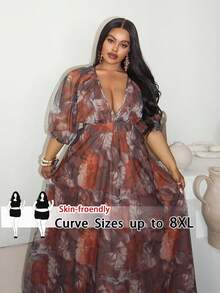 SHEIN CURVE+ 大码优雅性感花卉印花深 V 领长裙 - 彩色 - 查看 1