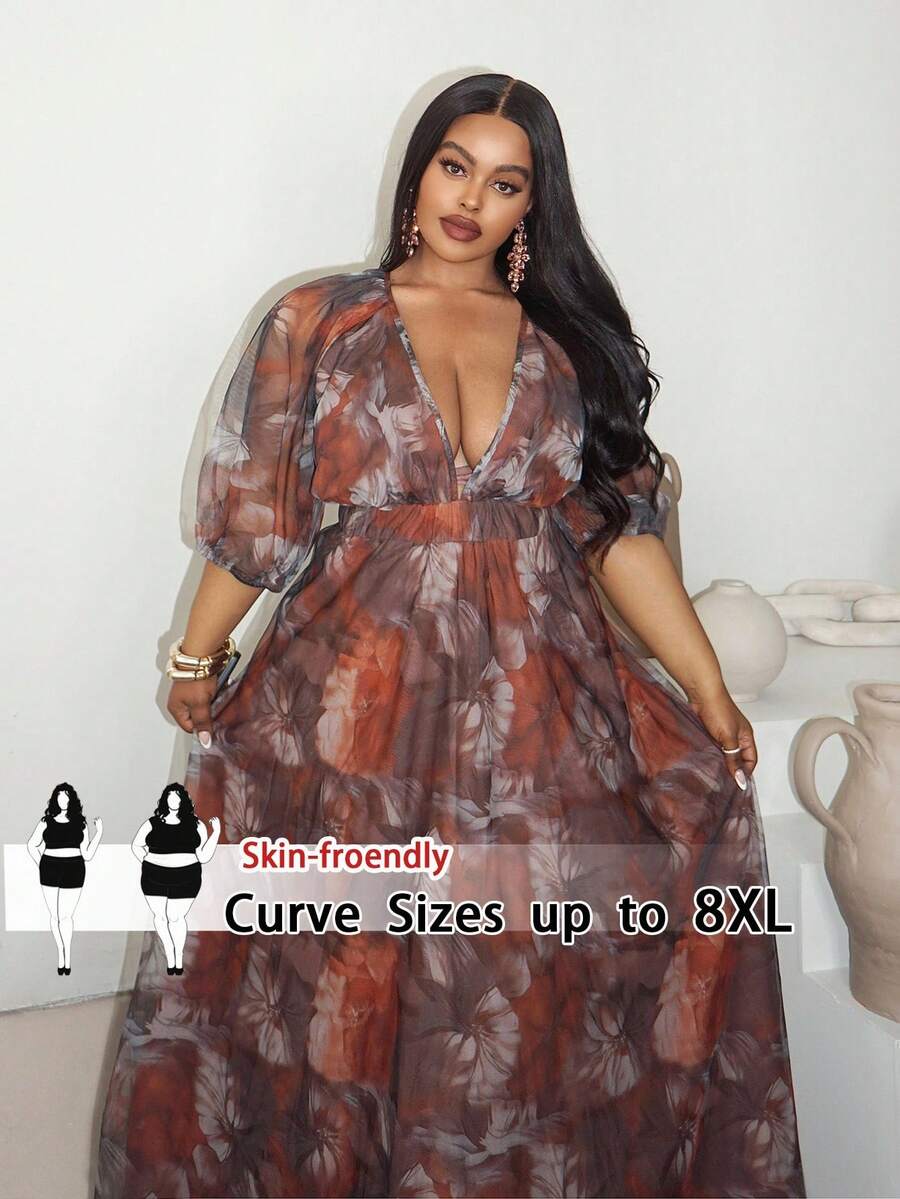 SHEIN CURVE+ 大码优雅性感花卉印花深 V 领长裙 - 彩色 - 查看 1