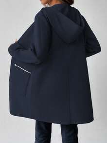 EMERY ROSE 女式秋季长袖连帽夹克，落肩，卫衣材质，拉链装饰，中长款，休闲 - 藏蓝色 - 查看 2