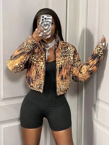 BamGleam Animal Print Cropped Stand Collar Jacket - Brown - View 3
