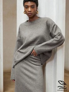 Aveloria Modichic 2pcs/Set Autumn/Winter Slouchy Long Sleeve Crew Neck Sweater & Bodycon Skirt Set - Camel - View 1
