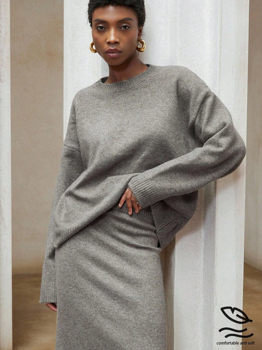 Aveloria Modichic 2pcs/Set Autumn/Winter Slouchy Long Sleeve Crew Neck Sweater & Bodycon Skirt Set - Camel - View 1