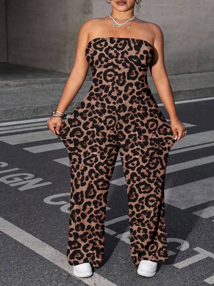 Dripcurv Mono de punto con estampado de leopardo para mujer de talla grande, cómodo y casual para el verano - Marrón - Ver 1