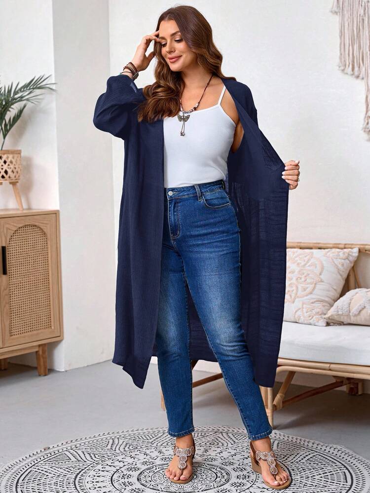 Plus Size Women's Solid Color Cuffed Sleeve Casual Long Jacket, Autumn Winter Fall