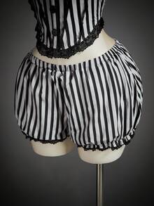 SHEIN ICON 2 件万圣节角色扮演哥特式紧身胸衣黑白服装条纹紧身胸衣上衣和低腰灯笼裤短裤 - 彩色 - 查看 8