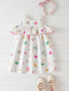 Joliand Joliand 1 pièce Robe élégante, urbaine et mignonne avec volant pour jeune fille, imprimé de palmiers et de fleurs, convient pour les réunions, les sorties, la plage, les fêtes, l'été - Multicolore - Voir 2