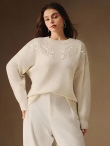 Anewsta Áo kiểu nữ thanh lịch đính sequin họa tiết cánh chim, màu trắng, thích hợp cho tiệc Giáng sinh, đêm giao thừa, cỡ lớn. - Màu be - Xem 8