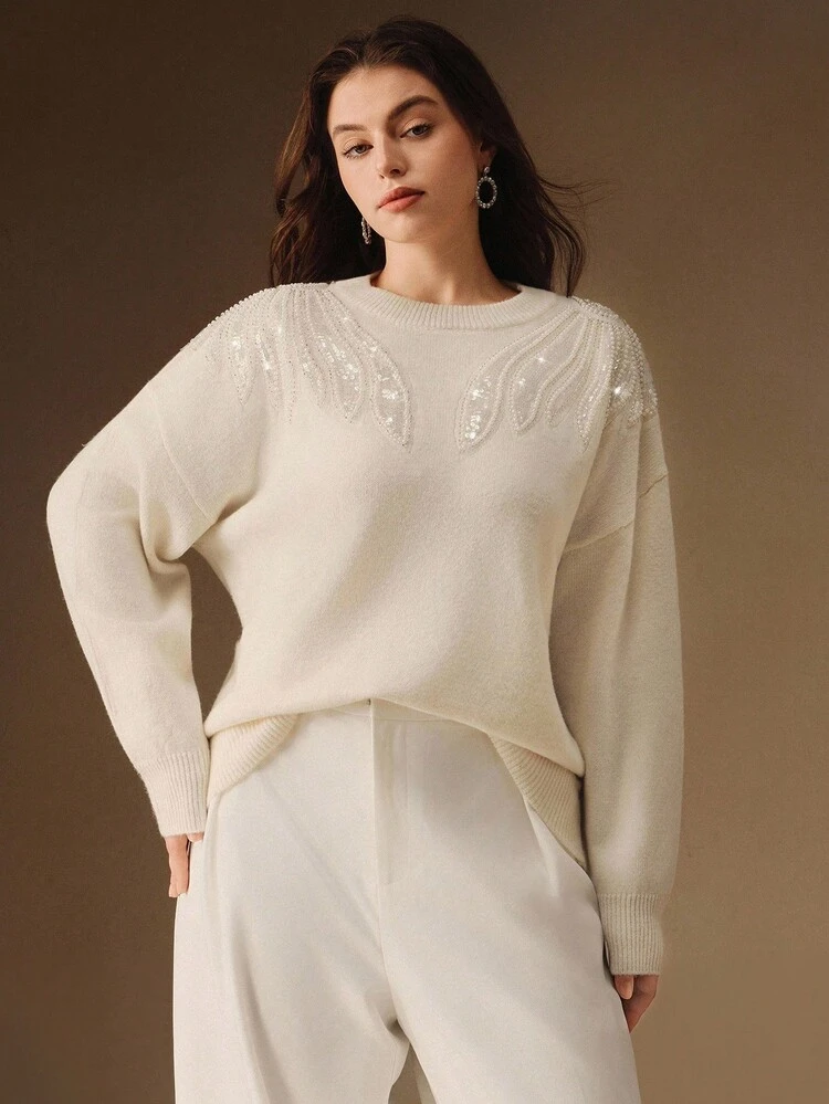 Valentine Women's Elegant Sequin Wing Pattern Embroidered Blouse, White, Suitable For Christmas Party, New Year's Eve, Plus Size