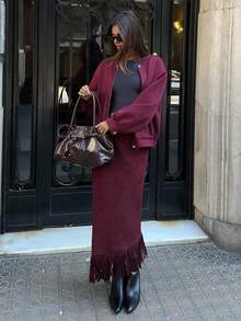 Aloruh 女士超长绒面革半身裙，勃艮第红安卡拉红复古浪漫波西米亚流苏拼接 A 字裙 - 酒紅色 - 查看 7