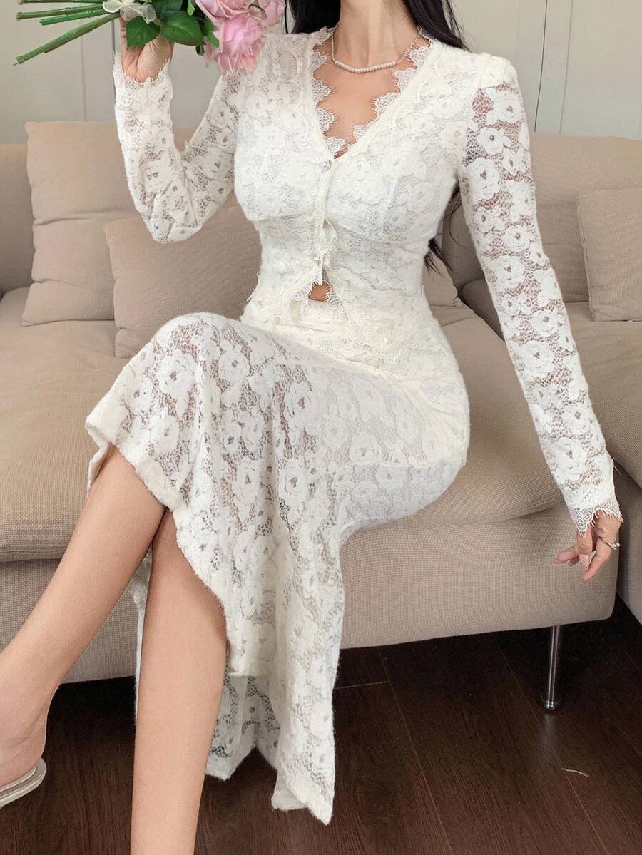 DAZY 2pcs V-Neck Long Sleeve Lace Mermaid Hem Bodycon Dress, Elegant Mini Cocktail Dress