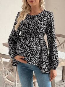 SHEIN Nursing Top, Long Sleeve, Round Neck, Left & Right Zipper On Chest, Waist Tie Bow, Asymmetrical Hem, Printed Design