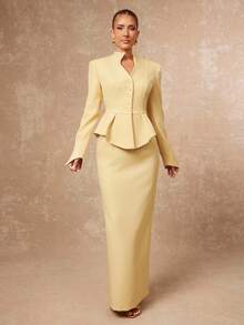 Lumalex Fall Winter Gathering Party Banquet Modest Old Money Coquette Glitter Holiday Party Rave Festival Outing Vacation Hot Outdoor Richly Layered Wedding Season Banquet Coming Of Age Ceremony Women's Solid Color Long Sleeve Single-Breasted Ruffle Hem Jacket And Straight Pencil Skirt Elegant Suit Set Blazer Dress For Women Butter Yellow Dress Skirt Suit Yellow Two Piece Set Luxury Prom Christmas New Year