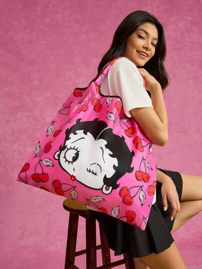Betty Boop x SHEIN 1 Pc Cute Cartoon Character Printed Foldable Shopping Bag, Tote Bag With Detachable Pouch On Chain, Playful, Cherry,Gift Ideas,Party,Holiday,Valentine's Day ,Vacation Essentials