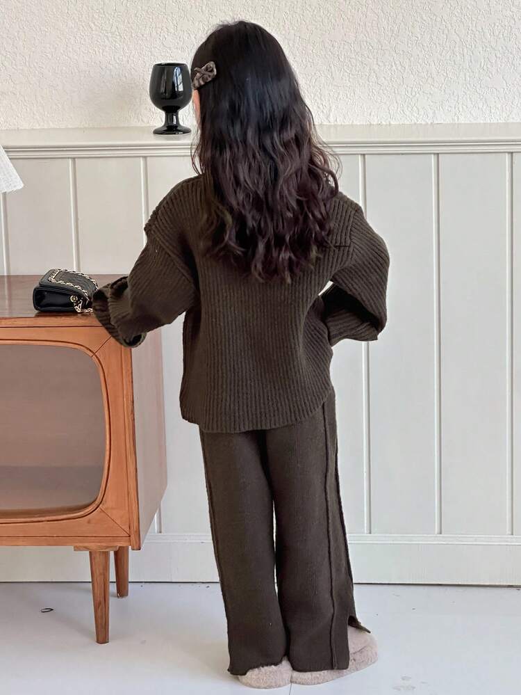 Young Girl Casual Daily Simple Solid Color Drop Shoulder Loose Cuffed Sleeve Split Hem Pullover Sweater And Wide Leg Sweater Pants Set, Autumn/Winter
