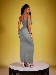 INAWLY Women's Stylish Slim-Fit Long Solid Color Cami Dress For Versatile Look - Grey - View 2