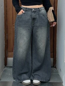 Dazy Plus Washed Loose Straight Leg Long Denim Jeans, Plus Size Women, All Season, Autumn