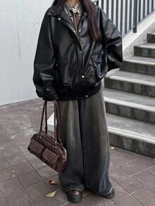 FRIFUL 女士纯色落肩长袖常规翻领宽松夹克，秋季皮夹克 - 黑色 - 查看 5