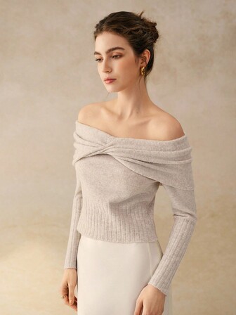 Cévolie 女士纯色扭结露肩长袖毛衣，秋季时尚